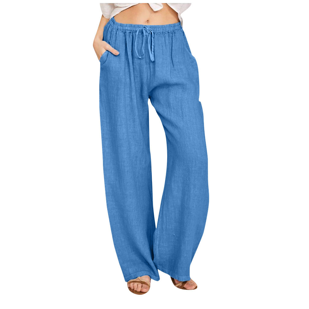 Womens Cotton Linen Pants High Waist Drawstring Wide Leg Lounge Palazzo Trousers with Pockets